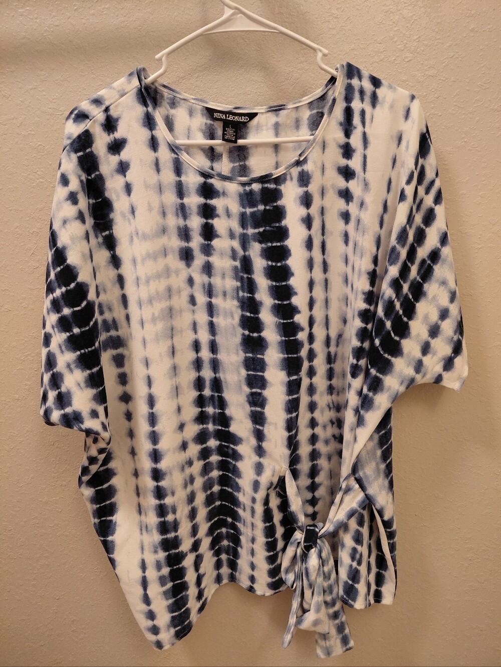 Nina Leonard Navy and White Tie-Dye Side Knot Tunic Size L